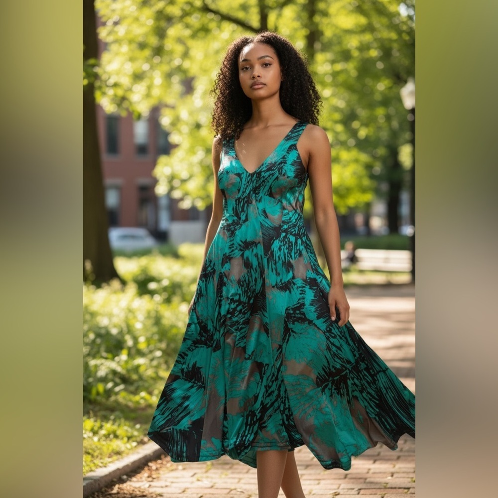Papa Vancouver Vibrant Teal and Black Sleeveless Tropical Print Dress-Size Small